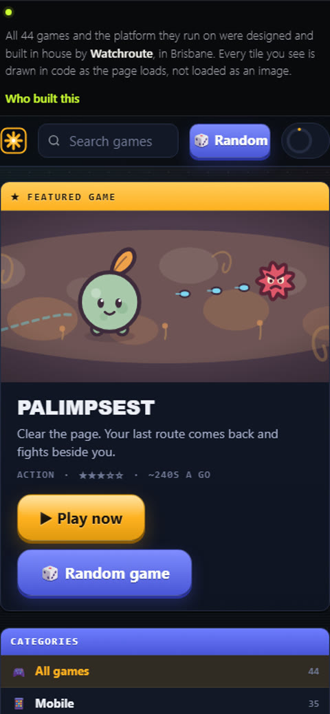 The same arcade on a phone, with the featured game stacked above the categories.