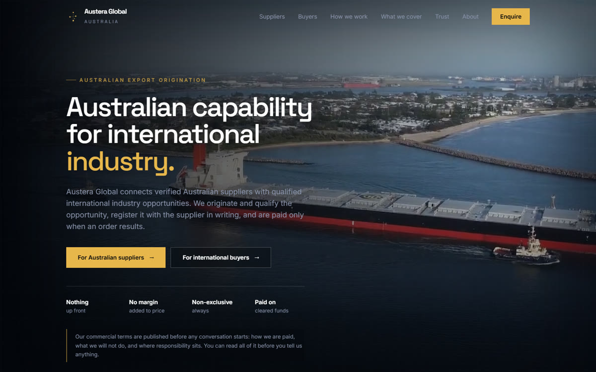 The Austera Global home page: the headline Australian capability for international industry, over aerial footage of a bulk carrier leaving port, with buttons for Australian suppliers and international buyers.