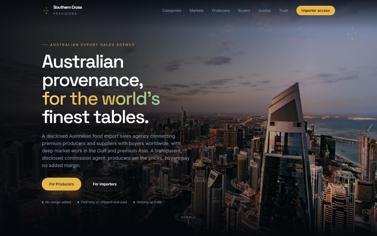 The Southern Cross Provisions home page: the headline Australian provenance, for the world's finest tables, over an evening aerial of a Gulf city skyline, with For Producers and For Importers buttons.