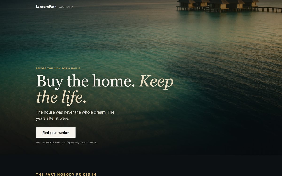 A landing page with a serif headline over a dark photograph.