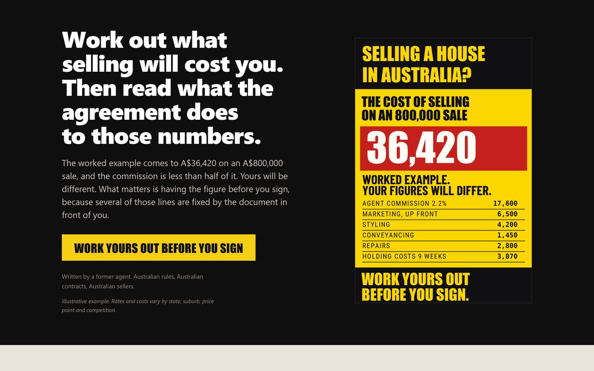 A high contrast landing page with a large yellow and red figure block.