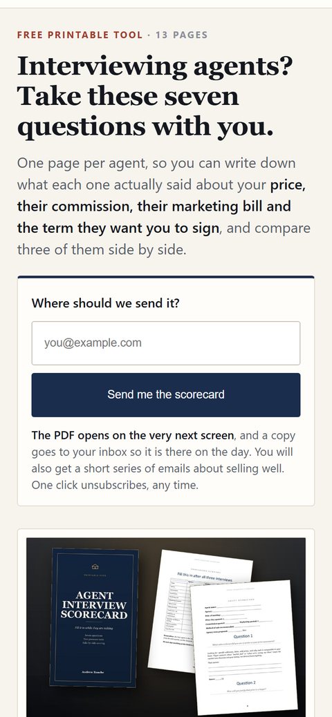 The same lead capture page at phone width, with the form under the headline.