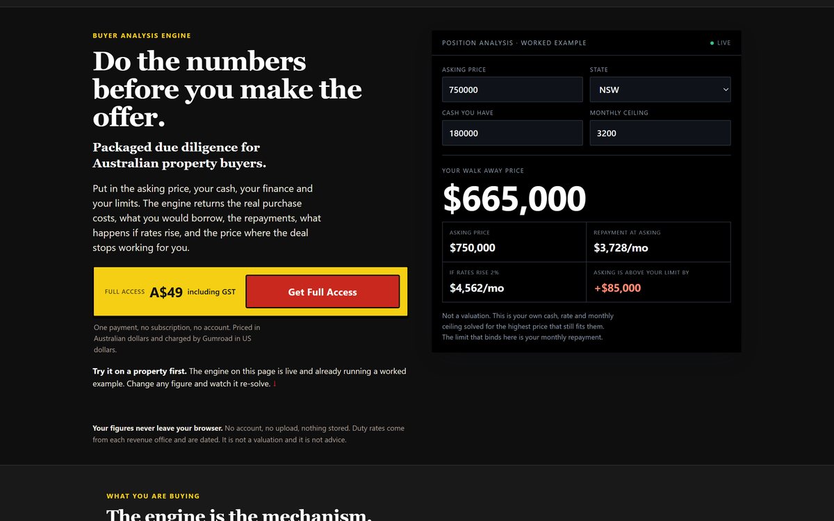 A dark landing page with a gold accent and a live calculator panel resolving a walk away price of $665,000.