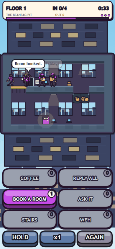 First Day in play: a crowd of interns crossing the first floor with the six job buttons below