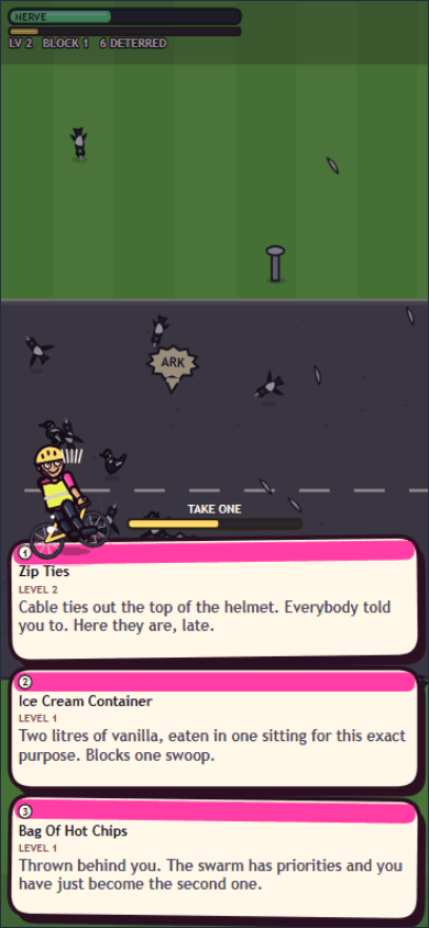 Swoop in play: the three card level up screen over a rider mid swoop